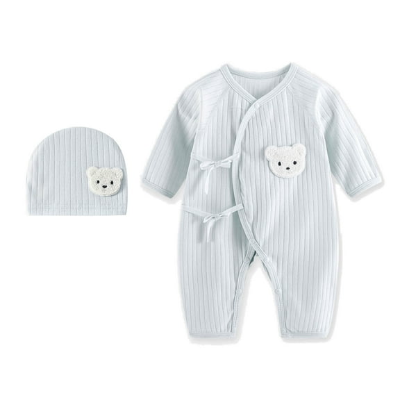 0-1M Baby Jumpsuits Hat Set OnePieces Long Sleeve Romper Spring Clothes Cartoon Bear Pajamas Cotton Bodysuit for Infants