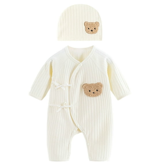 0-1M Baby Jumpsuits Hat Set OnePieces Long Sleeve Romper Spring Clothes Cartoon Bear Pajamas Cotton Bodysuit for Infants