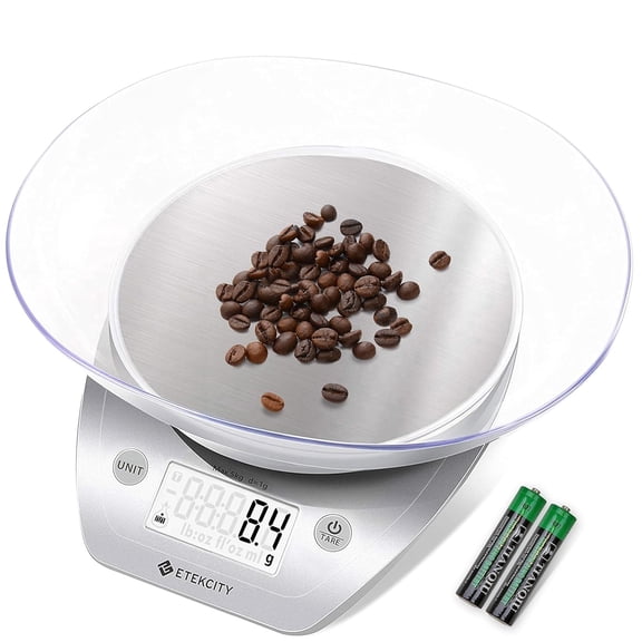 0.1g Food Kitchen Scale, Bowl, Digital Grams and Ounces for Weight Loss, Dieting, Baking, Cooking, and Meal Prep, 11lb/5kg, Stainless Steel Silver