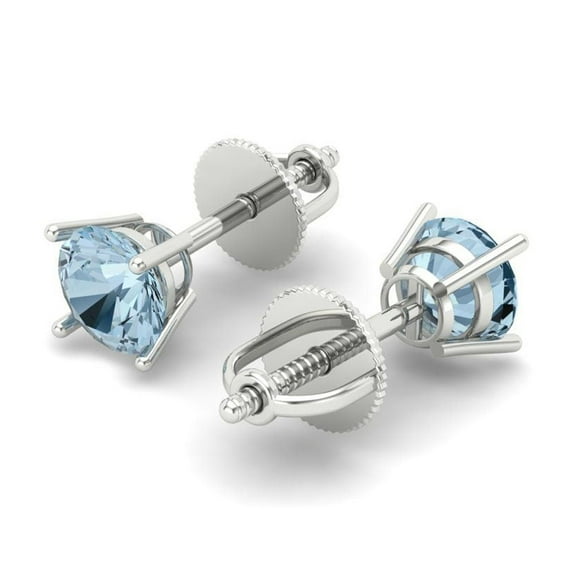 0.2 Ct Round Cut Studs Blue Crystal 18K White Solid Gold Everyday Dainty Earrings Screw Back