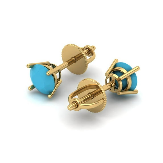 0.2 Ct Round Cut Studs Blue Turquoise 18K Yellow Solid Solid Gold Everyday Dainty Earrings Screw Back