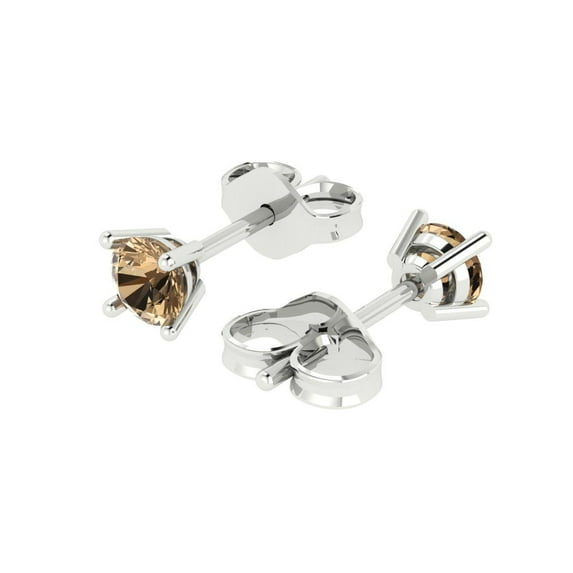 0.2 Ct Round Cut Studs Champagne Crystal 18K White Solid Gold Everyday Dainty Earrings Push Back