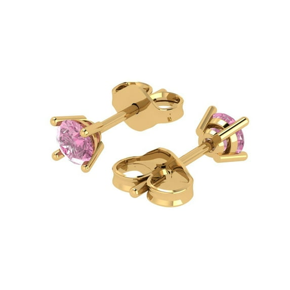 0.2 Ct Round Cut Studs Pink Crystal 14K Yellow Solid Gold Everyday Dainty Earrings Push Back