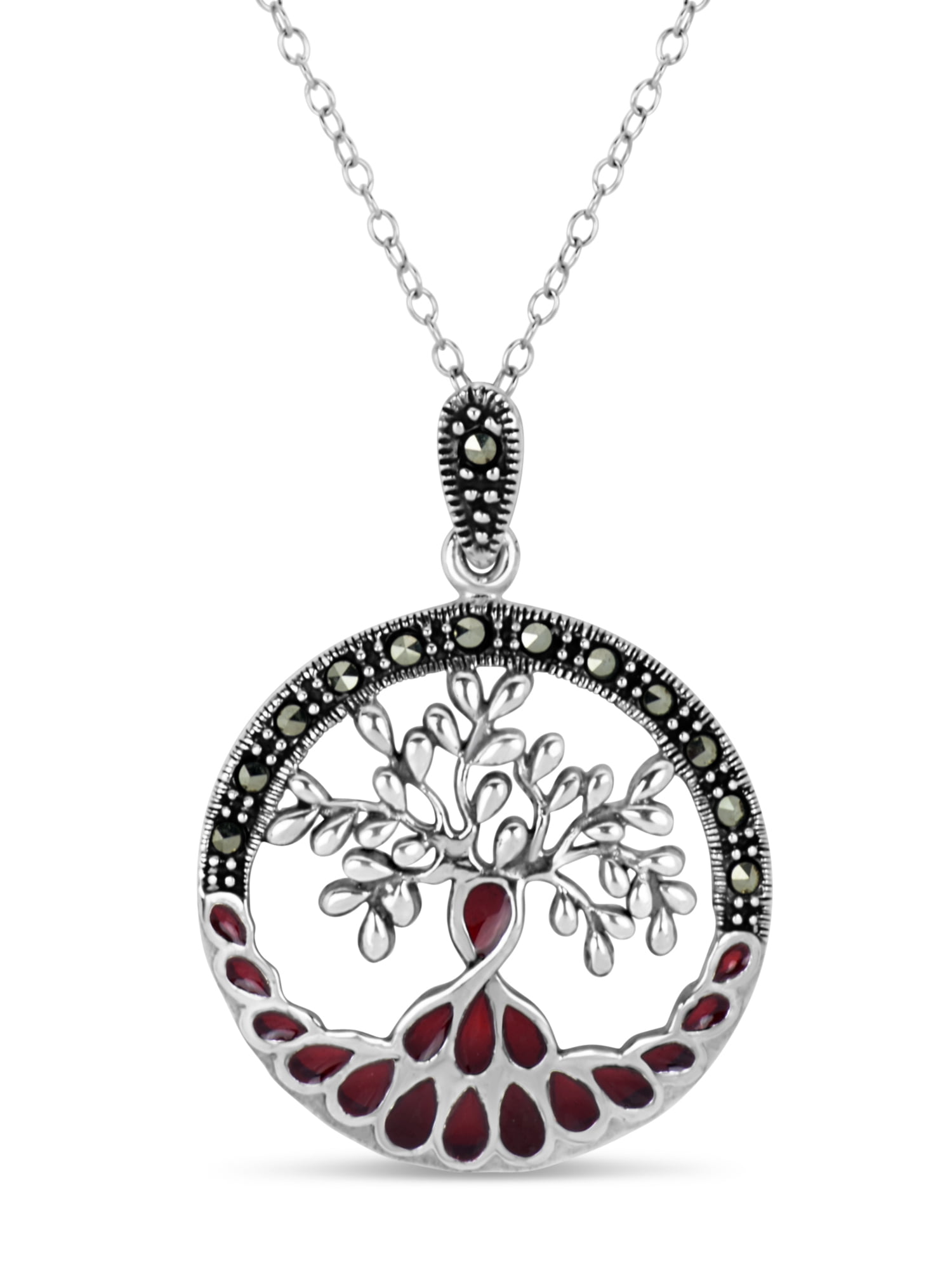 0.2 ct Marcasite Sterling Silver Tree Of Life Circle Pendant 18 Inch