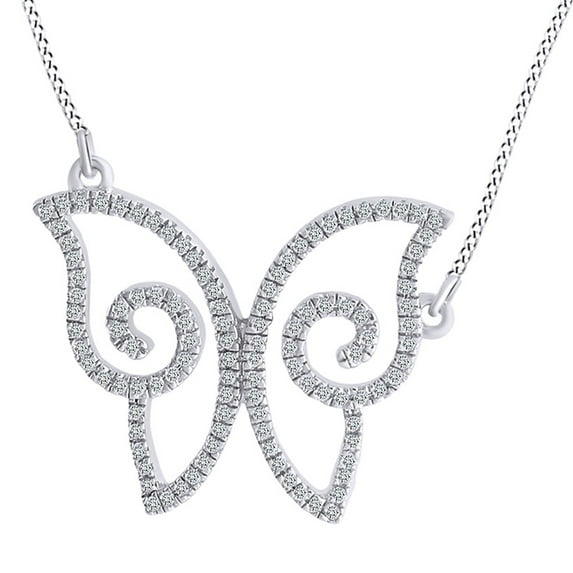 AFFY 0.20 Carat Round Shape White Natural Diamond Butterfly Pendant Necklace 14K Solid White Gold