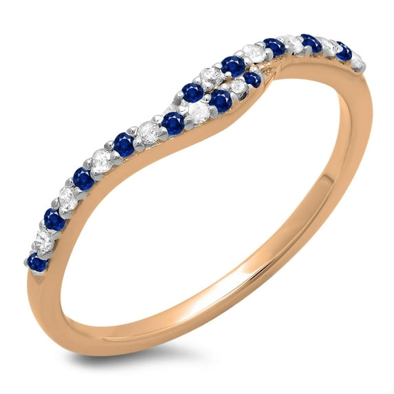 0.20 Carat (ctw) 10K Rose Gold Round Cut Blue Sapphire & White Diamond Ladies Anniversary Wedding Band Guard Ring 1/5 CT