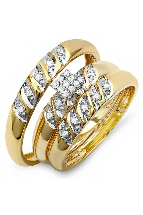 0.20 Carat (ctw) 10k Yellow Gold Round Diamond Ladies & Mens His Hers Bridal Engagement Ring Trio Set 1/5 CT