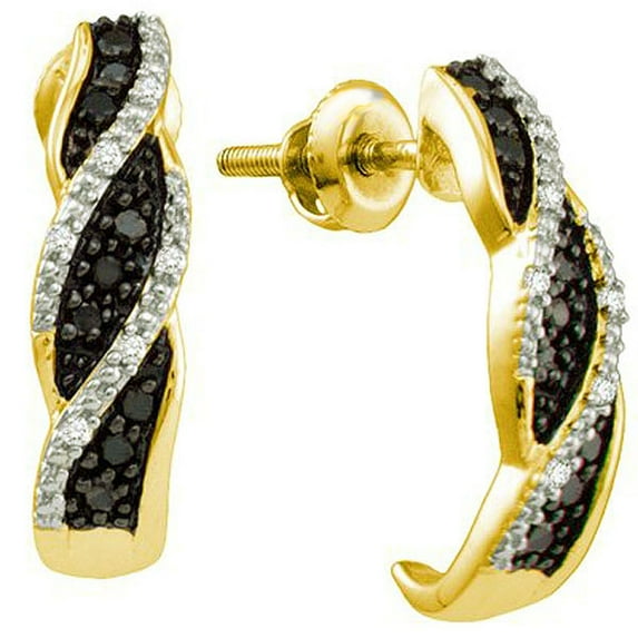 0.20 Carat (ctw) 18K Yellow Gold Round Black & White Diamond Ladies Hoop Earrings 1/5 CT