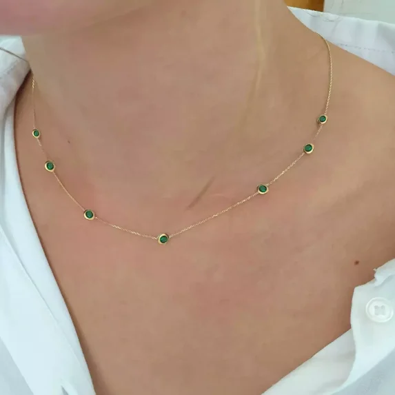 0.20 Ct Round Cut Lab-Created Emerald Station By The Yard Necklace 18" In 14K Yellow Gold Plated