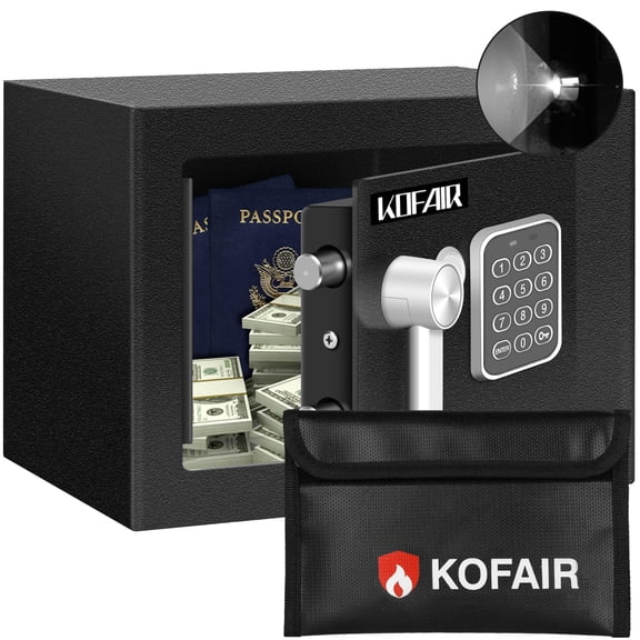 0.22 Cu Ft Mini Digital Safe Box with Fireproof Money Bag, Portable Security Lock Box with Smart Sensor LED Light, Electronic Keypad Safe for Cash, Passports, Jewelry, Black