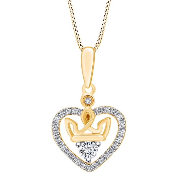 AFFY 0.23 Carat (Cttw) Round Shape White Natural Diamond Heart Crown Pendant Necklace 14k Solid Yellow Gold