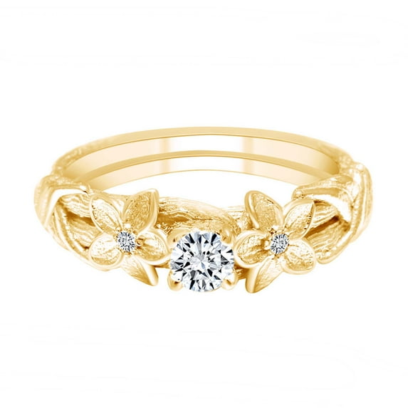 AFFY 0.23 Carat Round Shape Natural Diamond Leaf & Branch Vintage Style Engagement Ring 14K Solid Yellow Gold Ring Size-9