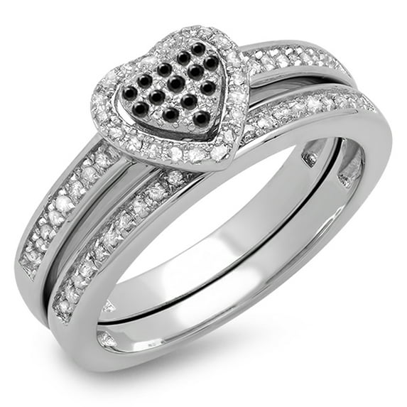 0.23 Carat (ctw) 14K White Gold Round Black & White Diamond Ladies Heart Shaped Bridal Engagement Ring With Matching Ban