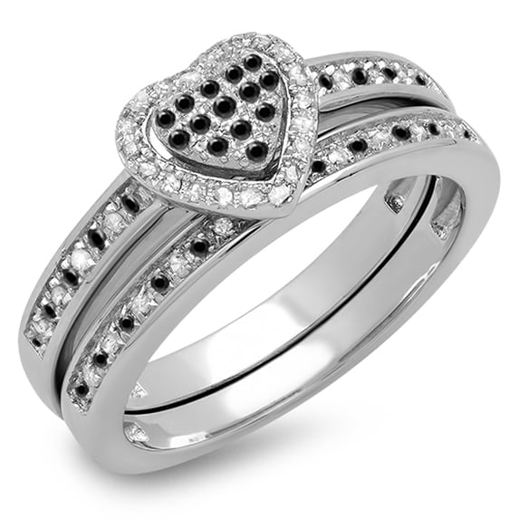 0.23 Carat (ctw) 14K White Gold Round Black & White Diamond Ladies Heart Shaped Bridal Engagement Ring With Matching Ban