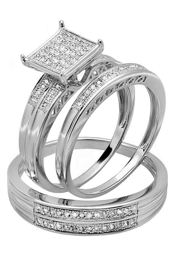 0.23 Carat (ctw) Sterling Silver Round White Diamond Men & Women's Micro Pave Engagement Ring Trio Bridal Set 1/4 CT