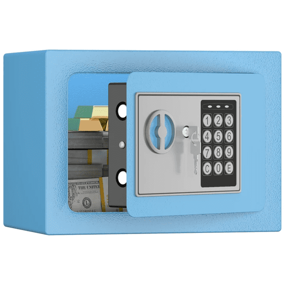 0.23 Cu Ft Home Safe with Key & Password Lock, Small Security Cabinet for Money, Documents & Valuables, Blue