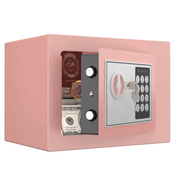 0.23 Cu Ft Home Safe with Key & Password Lock, Small Security Cabinet for Money, Documents & Valuables, Pink
