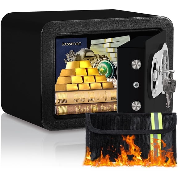 0.23 Cubic Safe Box, Small Safe W/Fireproof Bag, & Pass Code, Digital Box for , Document, , Office, Hotel Use, Black, 6.69"D x 9.06"W x 6.69"H