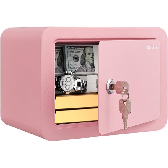 0.23 Cubic Small Safe Box for Home, Mini Safes for Kids, Pink Safe with Key, Security Cabinet Safes with Cutting-edge Bending, Lock Box with Keys for Money Cash, 6.69x 9.06x 6.69 Inches, Pink