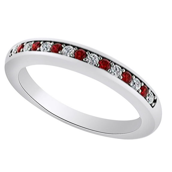 AFFY (0.23 cttw) Simulated Red Garnet & White Natural Diamond Wedding Band Ring In 14k White Gold With Ring Size -14