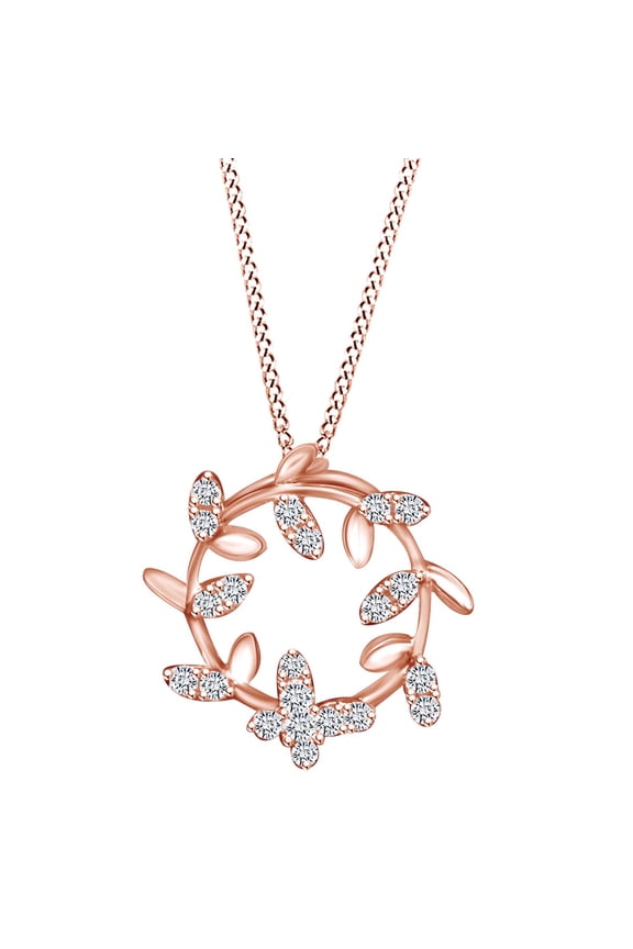 0.24 Carat (Cttw) Round Shape White Natural Diamond Leaf Pendant Necklace 14k Solid Rose Gold