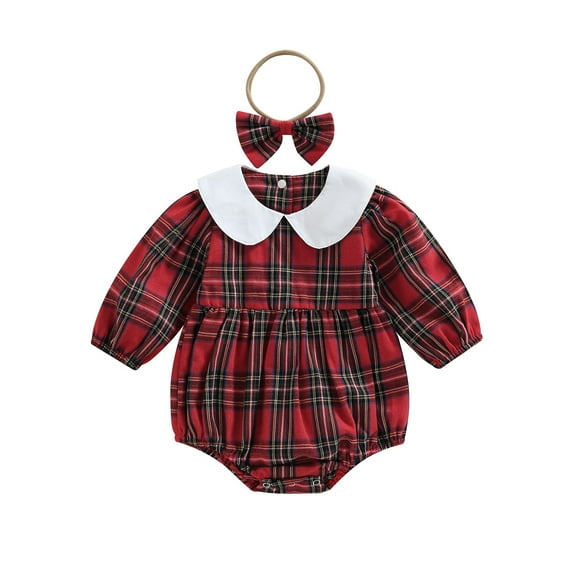 0-24M Baby Girl Christmas Romper 6M 12M 18M 24M Long Sleeve Plaid Casual Fall Spring Short Jumpsuit with Headband Outfit