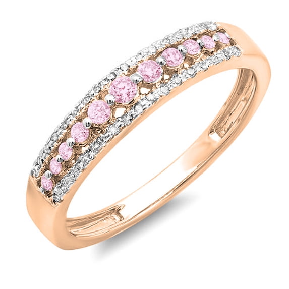 0.25 CT 14k Rose Gold Round Pink Sapphire & White Diamond Ladies Anniversary Wedding Band Ring