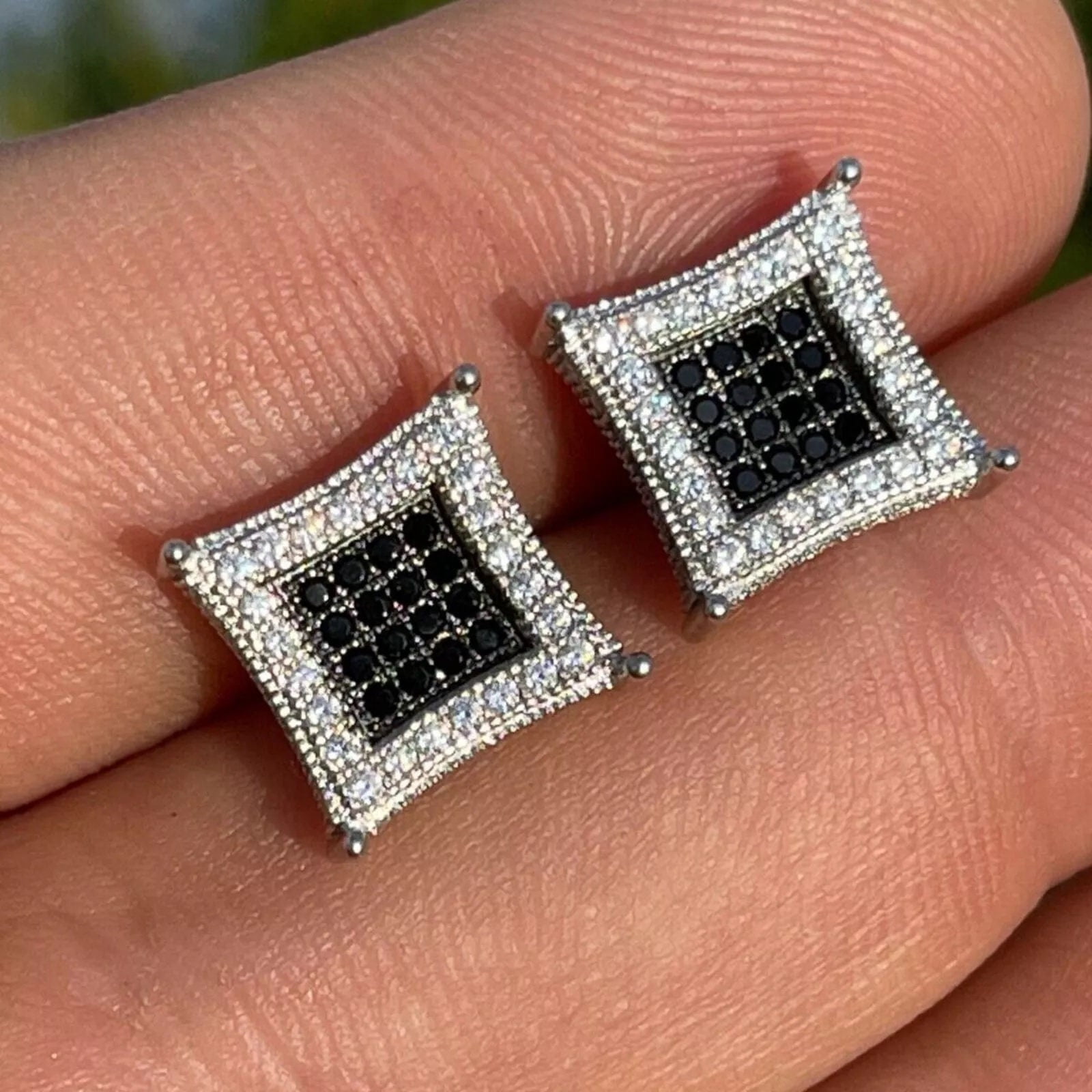 0.25 CT Men's 925 Silver Kite Shape Earrings with Clear, Black & White CZ Square Stud Design, 10mm, 14K White Gold Plated Silver - Unisex Earrings for Men and Women