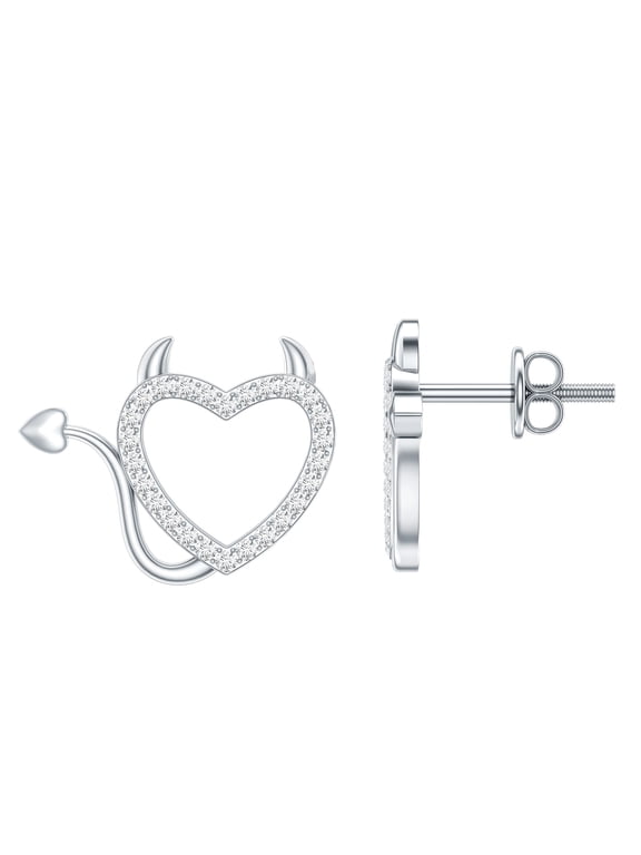 Natural Diamond Stud Earrings for Women, Devil Heart Stud Earrings with Diamond, 925 Sterling Silver