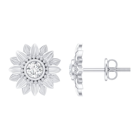 Rosec Jewels Natural Diamond Flower Stud Earrings for Women - HI-SI Quality - with Screw Back - Ready to Gift, 18K White Gold
