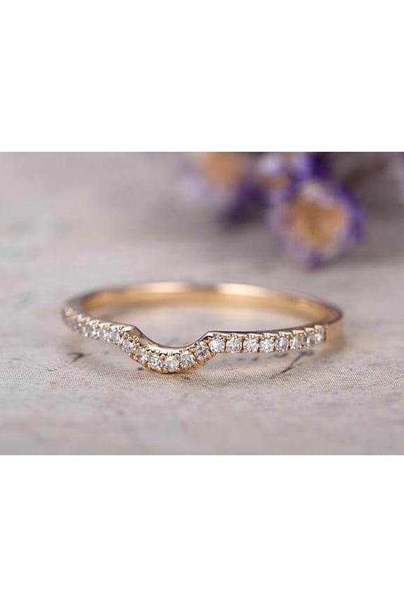 0.25 Carat 10k Rose Gold Wedding Band with Moissanite Diamonds Anniversary Ring Curved U Design Antique Style Band