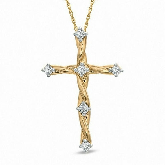 0.25 Carat VS1 Round Cut Real Diamond Twined Religious Cross Pendant Necklace for her Solid 14K Yellow Gold With 18 inches chain