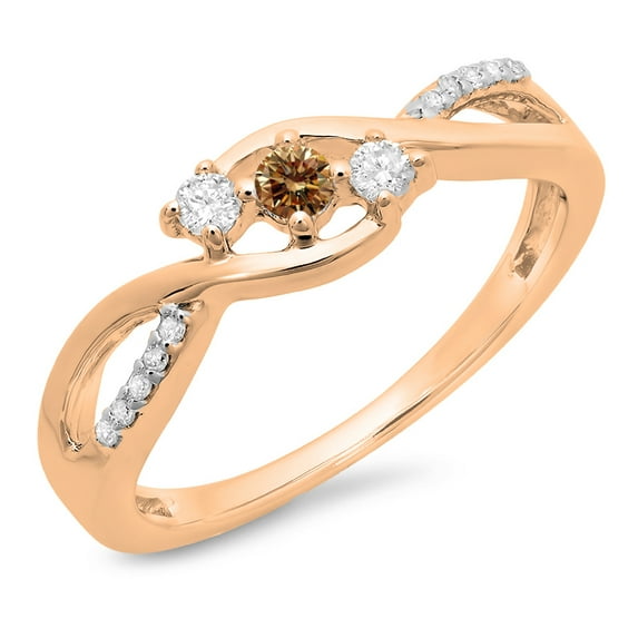 0.25 Carat (ctw) 10K Rose Gold Round Champagne & White Diamond Ladies 3 Stone Swirl Split Shank Engagement Promise Ring