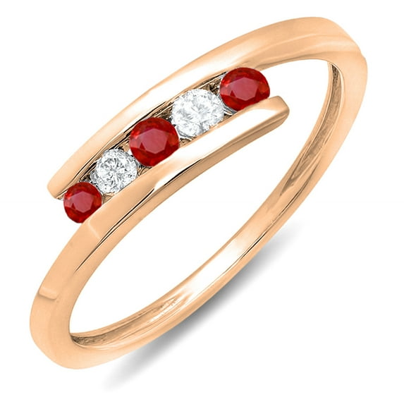 0.25 Carat (ctw) 10K Rose Gold Round Red Ruby And White Diamond Ladies 5 Stone Bridal Promise Ring 1/4 CT