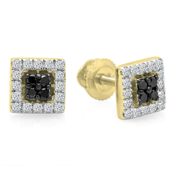 0.25 Carat (ctw) 10K Yellow Gold Round Cut Black & White Diamond Square Shaped Stud Earrings 1/4 CT