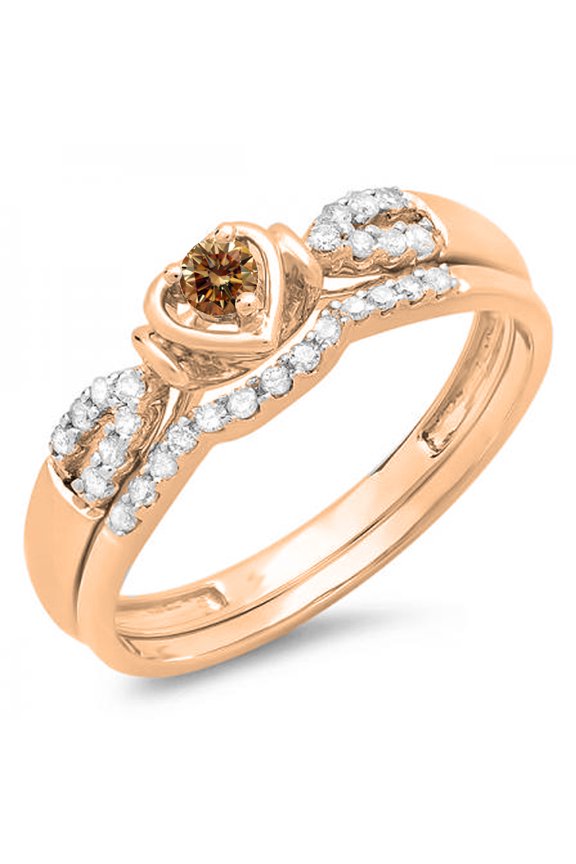 0.25 Carat (ctw) 10k Rose Gold Round Champagne & White Diamond Ladies Heart Shaped Bridal Engagement Ring Matching Band