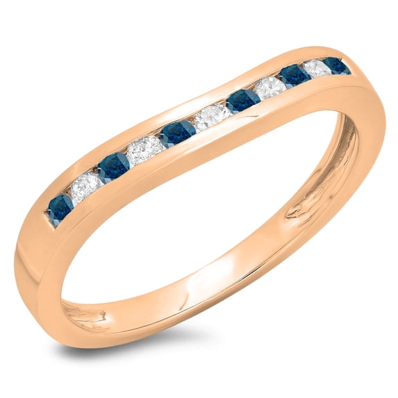 0.25 Carat (ctw) 14K Rose Gold Round Cut Blue & White Diamond Ladies Anniversary Wedding Band Stackable Ring 1/4 CT