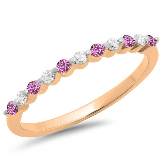 0.25 Carat (ctw) 14K Rose Gold Round Pink Sapphire & White Diamond Ladies 11 Stone Anniversary Wedding Stackable Band 1/