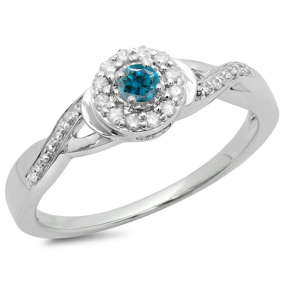 0.25 Carat (ctw) 14K White Gold Round Blue & White Diamond Ladies Swirl Split Shank Bridal Halo Engagement Ring 1/4 CT