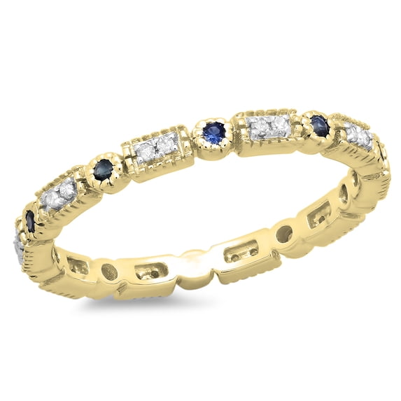 0.25 Carat (ctw) 18K Yellow Gold Round Blue Sapphire And White Diamond Ladies Vintage Style Anniversary Wedding Eternity
