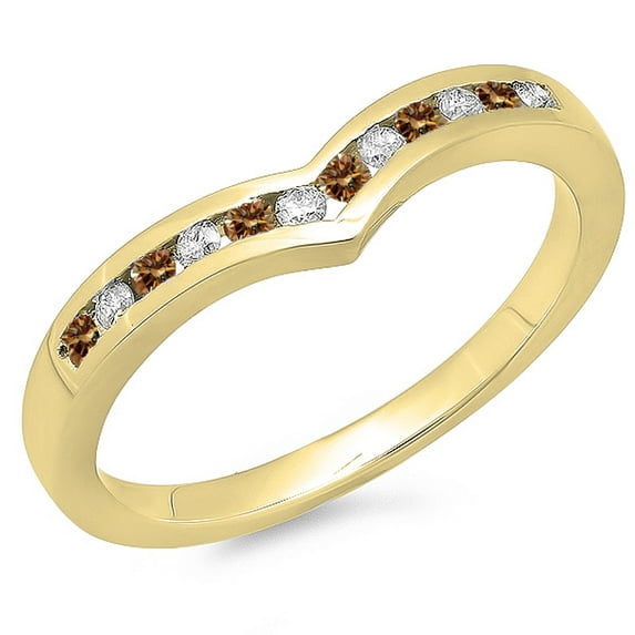 0.25 Carat (ctw) 18K Yellow Gold Round Champagne & White Diamond Ladies Anniversary Wedding Stackable Band Guard Chevron