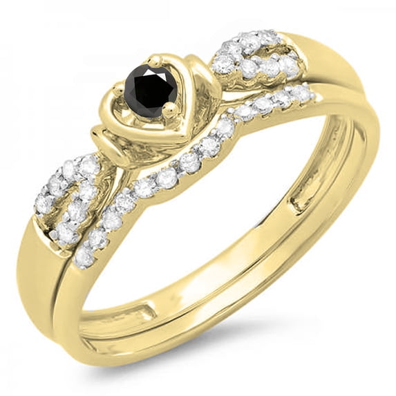 0.25 Carat (ctw) 18k Yellow Gold Round Black & White Diamond Ladies Heart Shaped Bridal Engagement Ring Matching Band Se