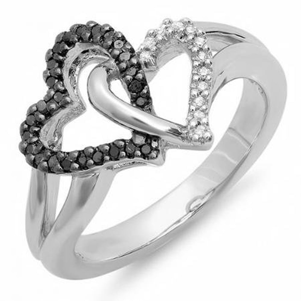0.25 Carat (ctw) Sterling Silver Black & White Diamond Ladies Split Shank Heart Love Promise Ring 1/4 CT