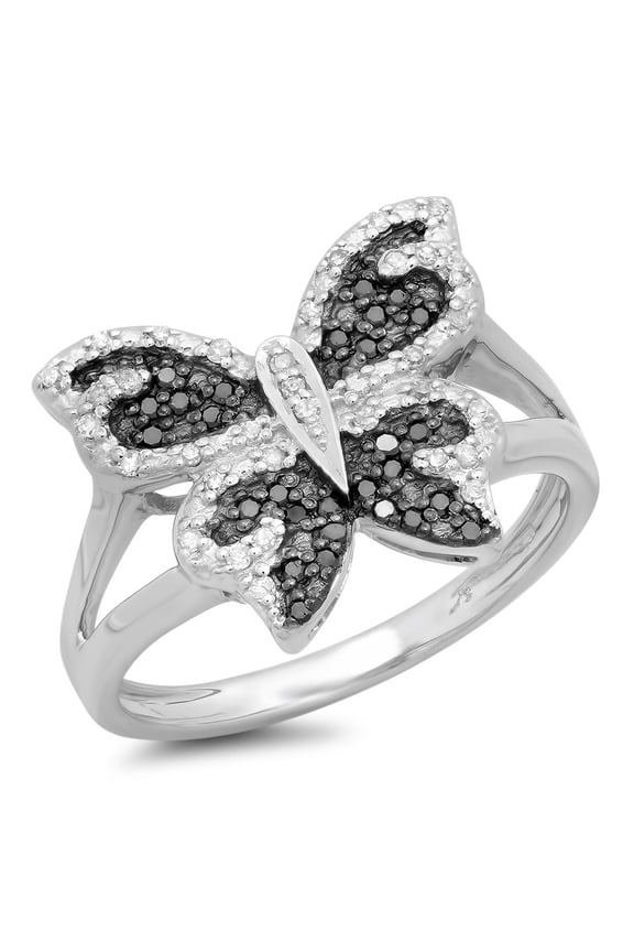 0.25 Carat (ctw) Sterling Silver Round Black And White Diamond Ladies Butterfly Right Hand Ring 1/4 CT