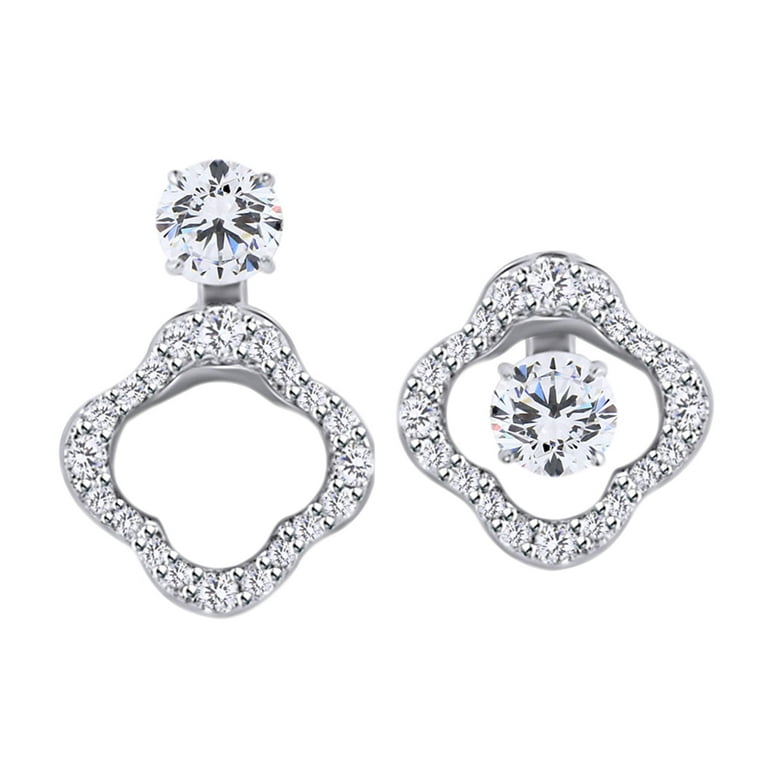 0.25 Cttw Round Cut White Diamond Clover Stud Earrings Jacket In 14K Solid  White Gold
