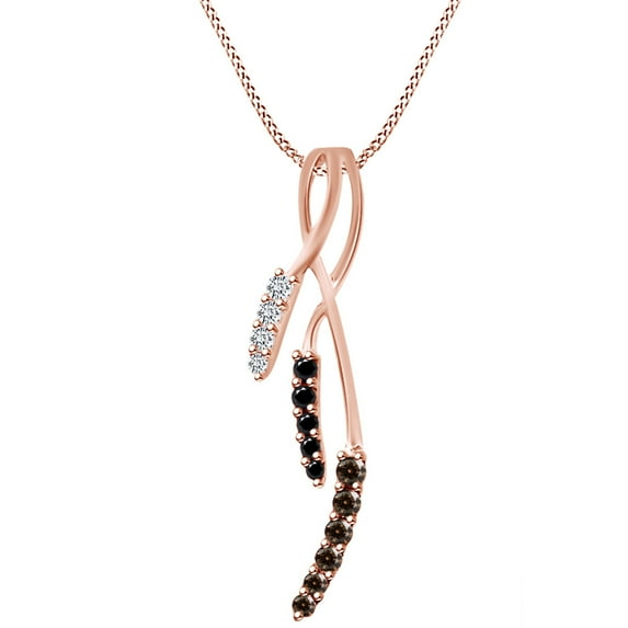 AFFY 0.25 Ctw Round Simulated Brown,Black & White Natural Diamond Ribbon Pendant Necklace 14k Solid Rose Gold