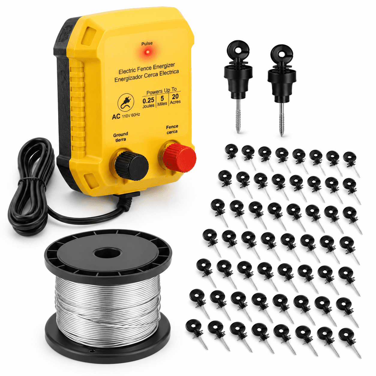 0.25 Joule Electric Fence Kit 5-mile 110vac Plug-in for Small Farm and ...