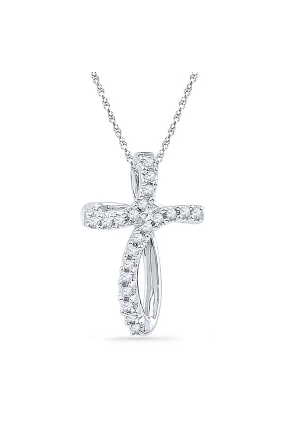0.25 T.C.W Round Cut Real Diamond Looping Religious Cross Necklace for Ladies Solid 14K White Gold With 18 inches chain