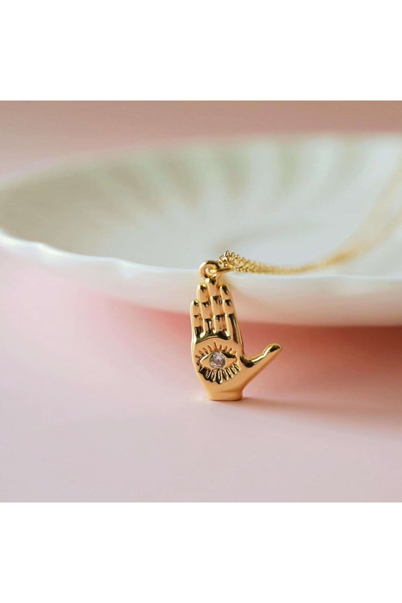 0.25CT Simulated Diamond 925 Silver Hamsa Hand Pendant 14k Yellow Gold Plated