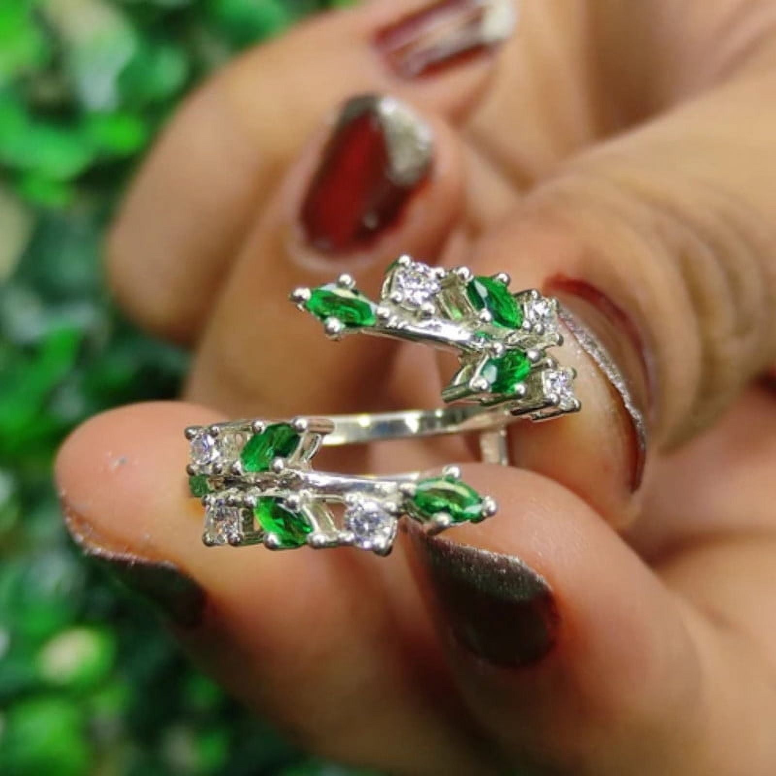 Green Emerald and White Diamond Open Ring Enhancer- Leaf